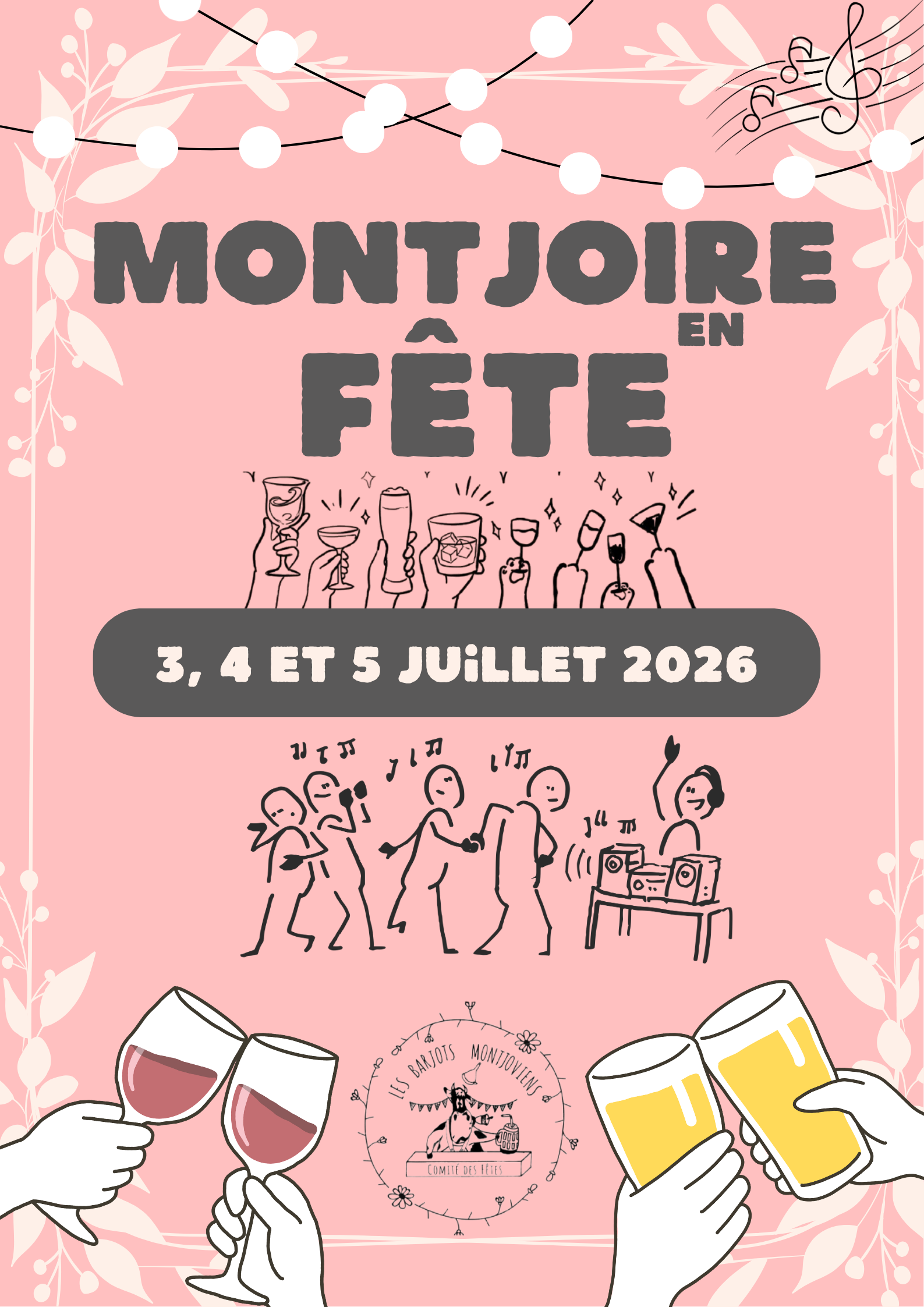 Affiche générale, rose avec des dessins de verres, reprenant les infos de l'événement : Fête locale de Montjoire